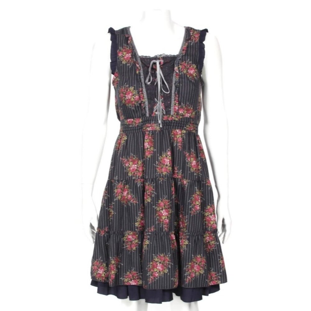 AXES FEMME Blue Striped Red Rose Floral Lace-Up Lace Victorian Dress sz S /653